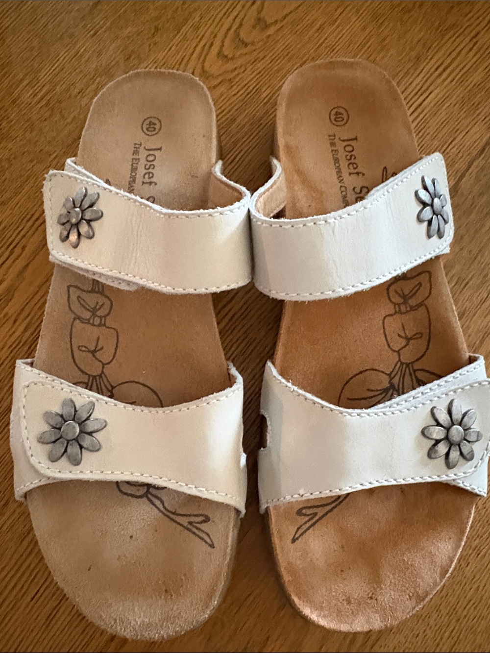 Josef Seibel Cream Slide Sandals with Floral Metal Studs
